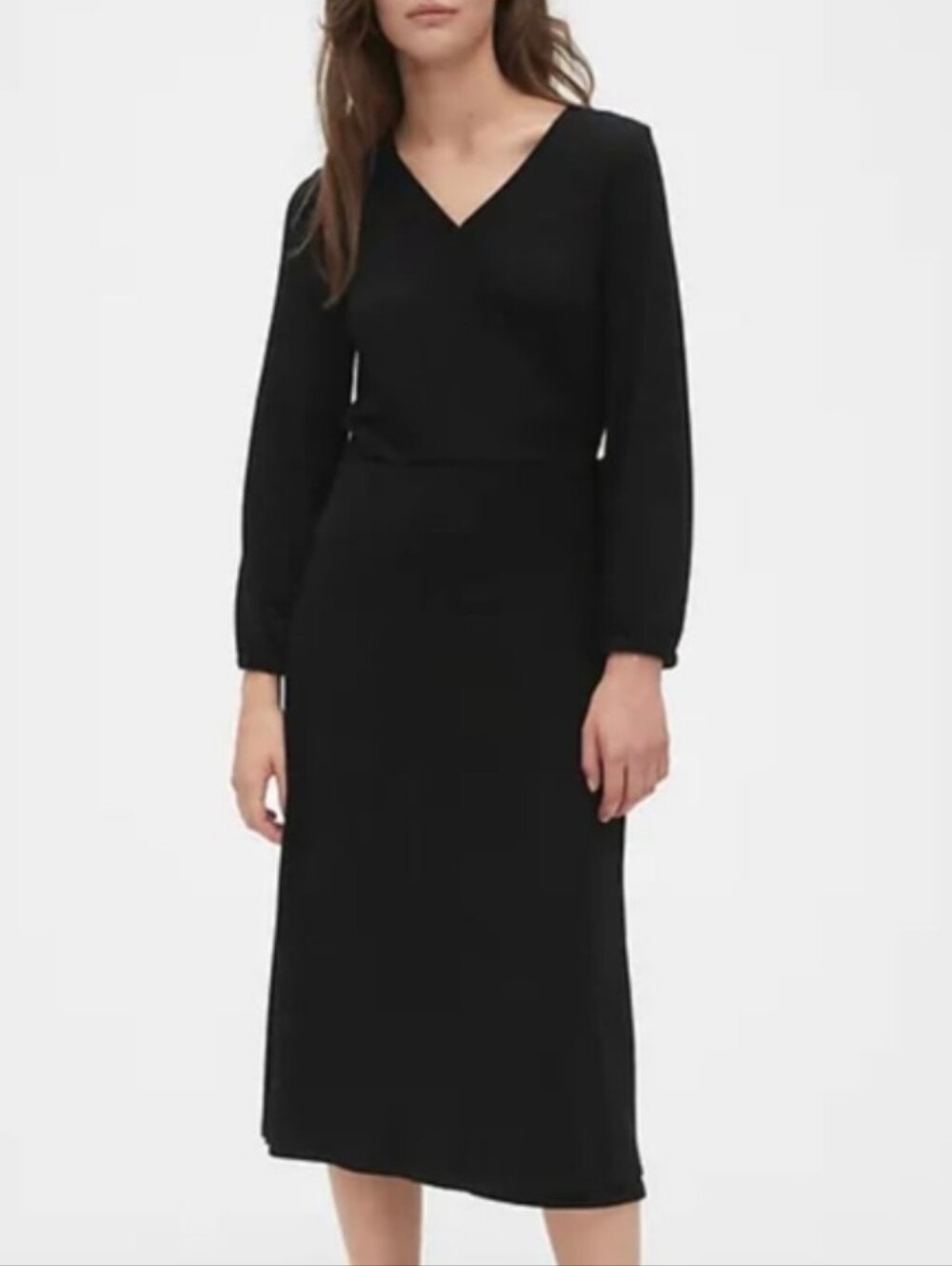 Gap Charcoal Black Knit Softspun Tie Waist Wrap Midi V Neck Dress Size Medium